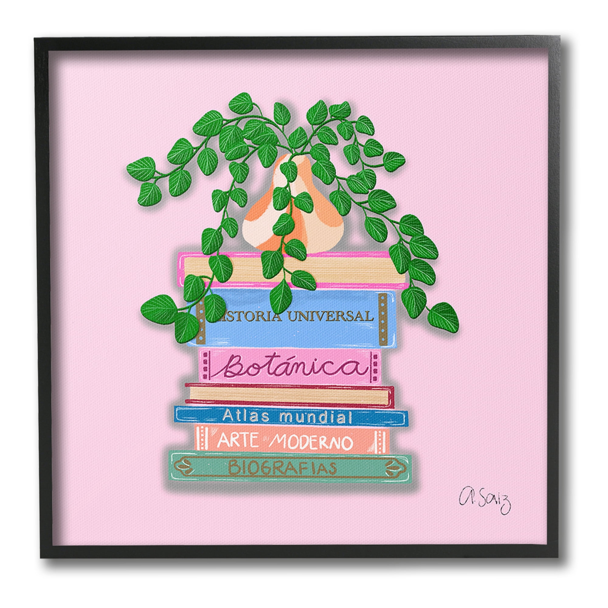 Stupell Industries Bookstack with Plant Vase Botanical & Floral Painting Black Framed Art Print Wall Art 17 x 17