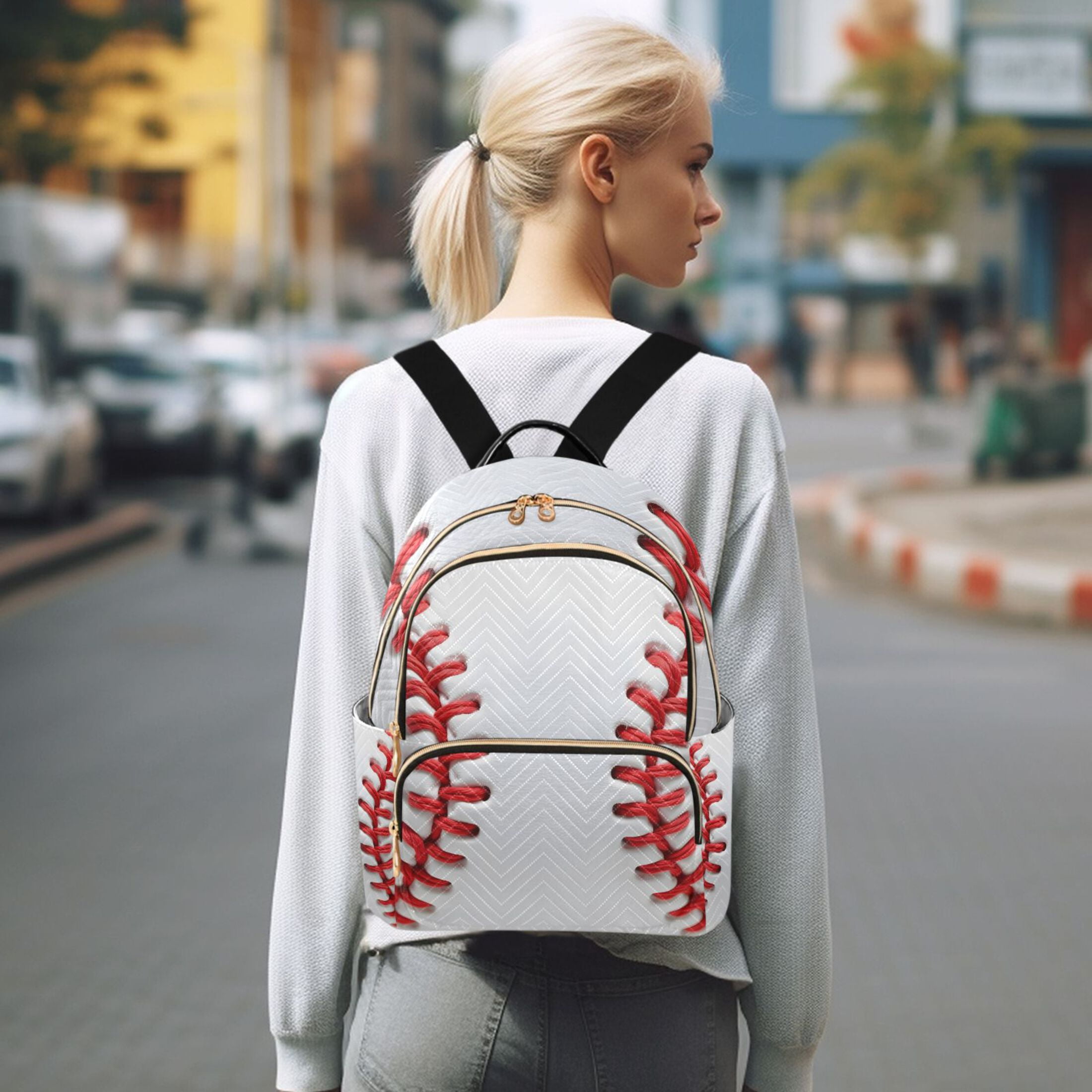 White Baseball Close Up Quilted Backpack Fashion Daypack Commuter Bag for Women 8.5 L