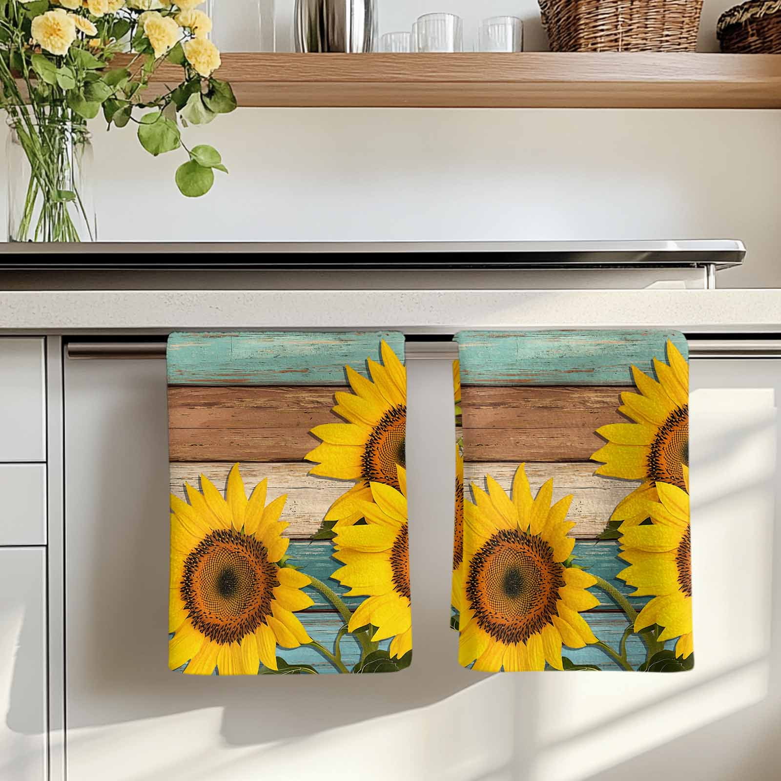 Dish Towels, Sunflower Absorbent Kitchen Towels 2 PCS, Farmhouse Floral Plant Teal Wood Grain Microfiber Hand Towels Dish Cloths Tea Towels for Home&nbsp;Bathroom Cleaning Drying,18X28-Inch,