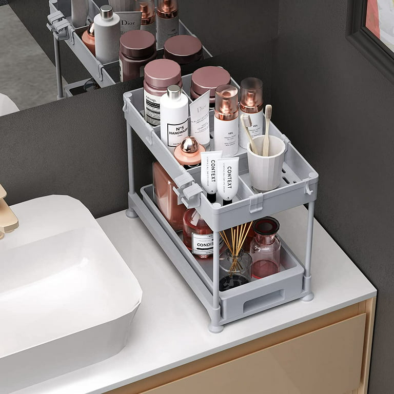 Under Sink Organizers And Storage, 2 Tier Sliding Under Bathroom Cabinet  Organizer With 4 Hooks 1 Hanging Cup Multi-use