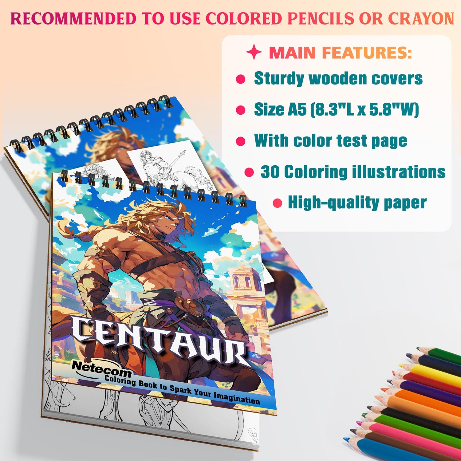 Netecom Centaur Coloring Book Spiral Bound for Adults, A5 Wooden Cover, 30 Stunning Illustrations of Majestic Creature for Stress Relief and Relaxation