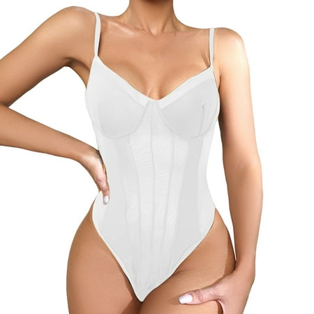 JIKNTTR Lingerie For Women Women s Sheer Mesh Sleeveless See Through Backless Bustier Cami Bodysuit Tops Sexy Spaghetti Strap Bodysuit Sexy Nightwear/Nightie