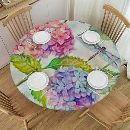 

Round Fitted Tablecloth with Elastic Tablecloths Washable Hydrangeas Flower Patio Table Cover for Kitchen Picnic