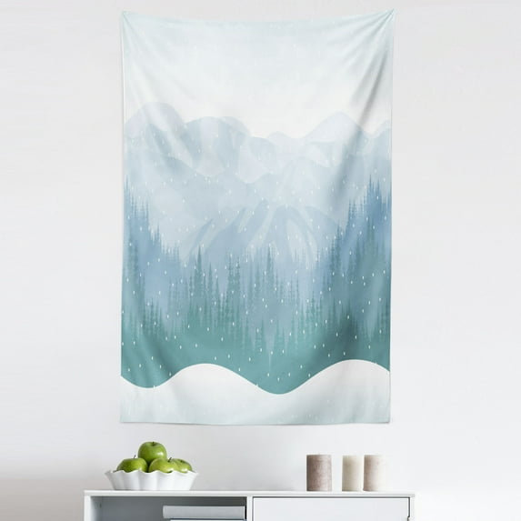 Blue Sky Tapestry, Continuous Wilderness Pine Trees Mountains Winter Time Snowflakes Theme, Fabric Wall Hanging Decor for Bedroom Living Room Dorm, 5 Sizes, Cadet Blue Pale Blue, by Ambesonne