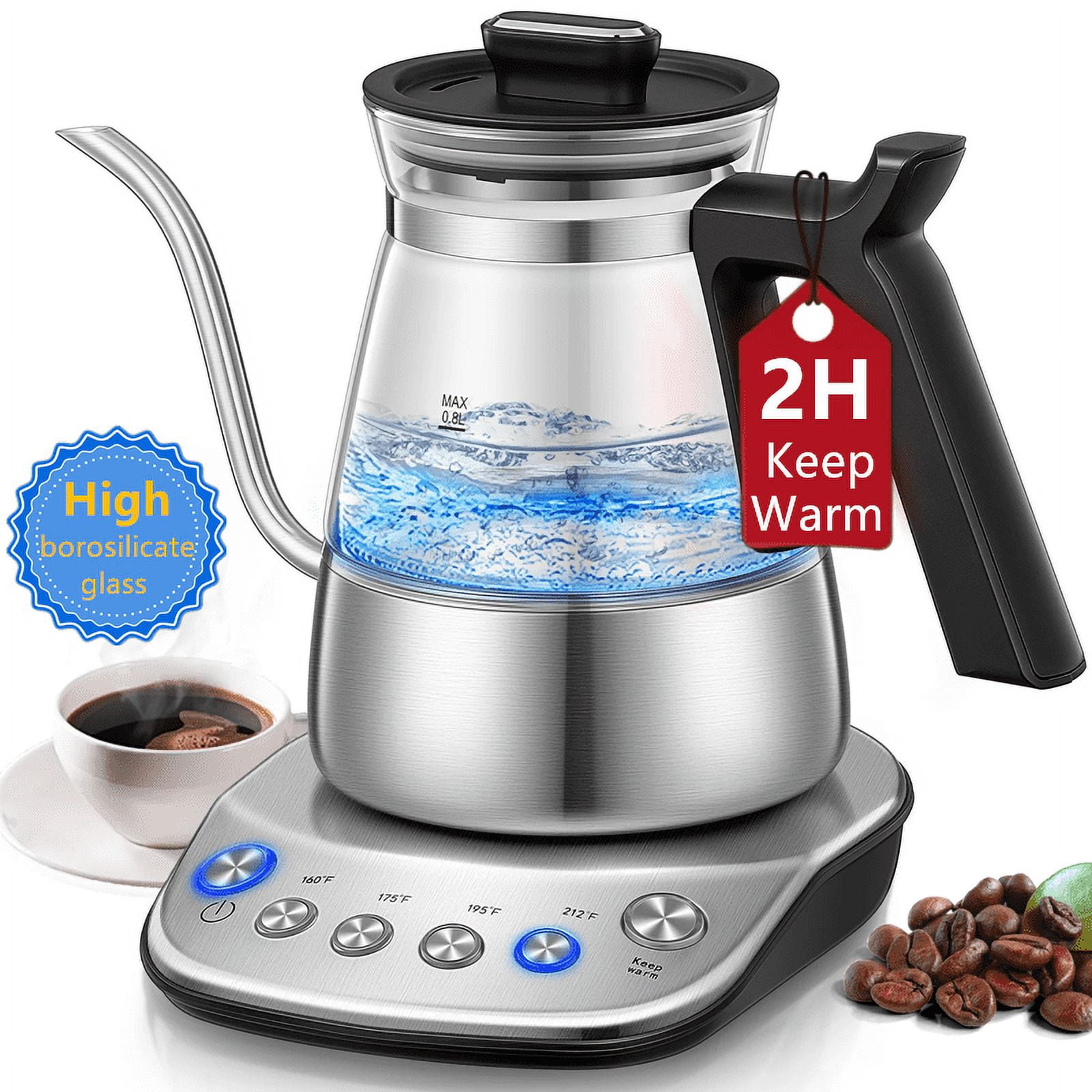 Electric Gooseneck Glass Kettle with Temperature Control, 1200W Rapid Boiling Electric Kettle for Pour-Over Tea Coffee, LCD Display, 2H Keep Warm, 0.8L, Silver
