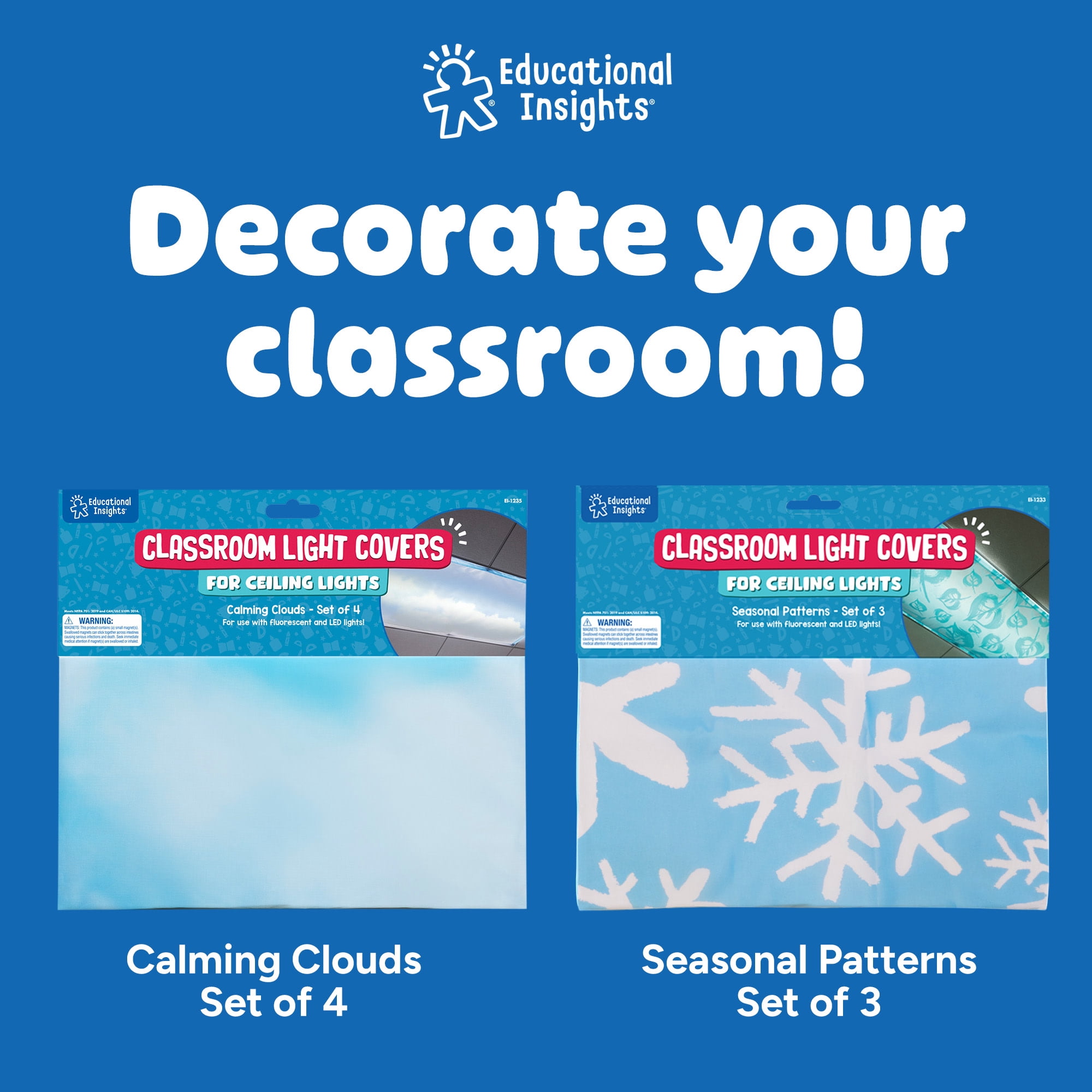 Educational Insights Fluorescent Light Covers 2-Pack Blue Bubbles, Light Filters for Classroom, Lighting Accessories