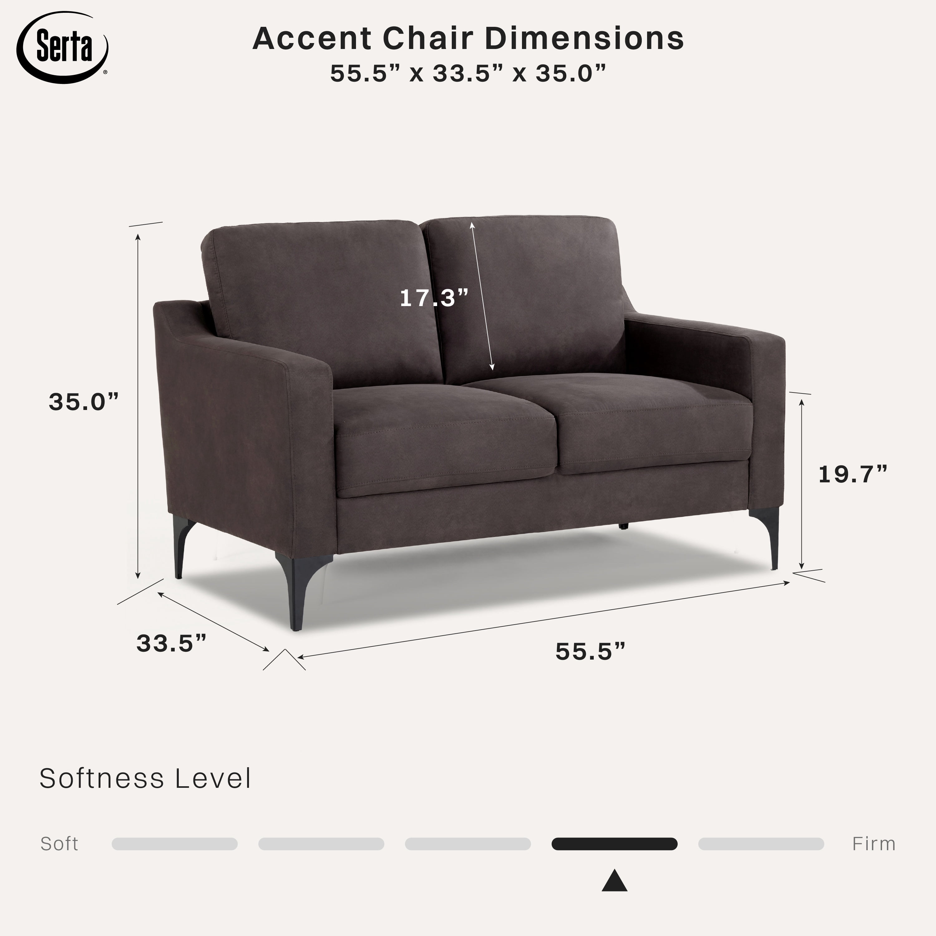 Serta Hemsworth Mid-Century Modern Style 2 Seater Indoor Loveseat, Charcoal Faux Suede