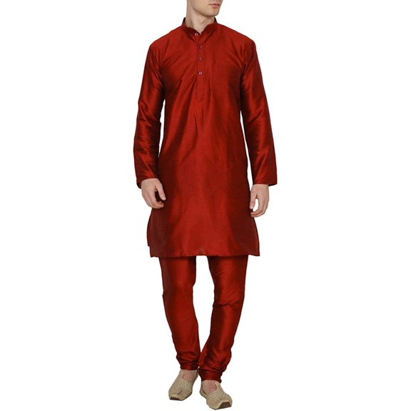 Royal Mens Red Silk Blend Festive Kurta Churidar Set