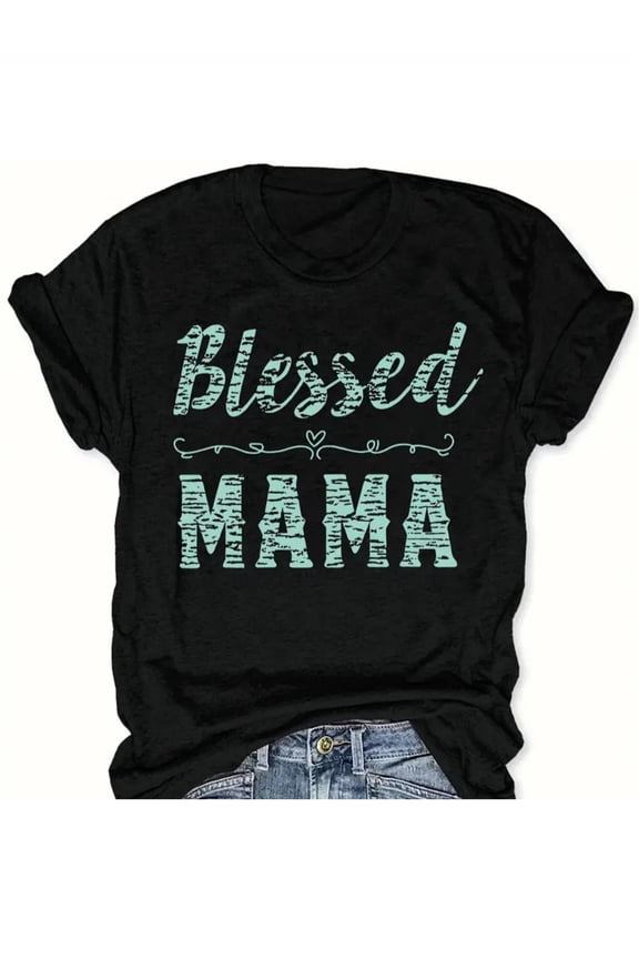Women's Blessed Mama T-Shirt Retro Graphic Short Sleeve Casual Cotton Tee Mother's Day Gift Fashion Summer Top Black