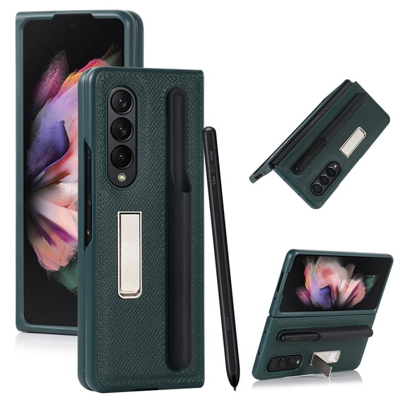 Leather Hybrid PC Cover For Samsung Galaxy Z Fold 3 Case with S-Pen Pocket Magnetic Kickstand Shockproof Case