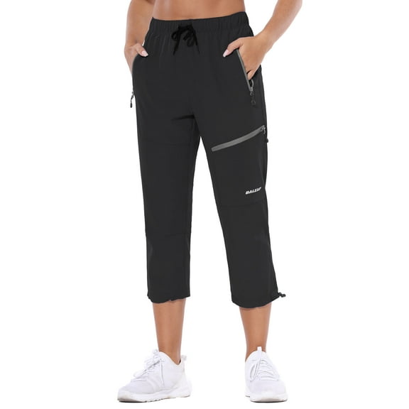 Baleaf Women's Hiking Cargo Capris Outdoor Lightweight Water Resistant Pants UPF 50 Zipper Pockets Black Size L
