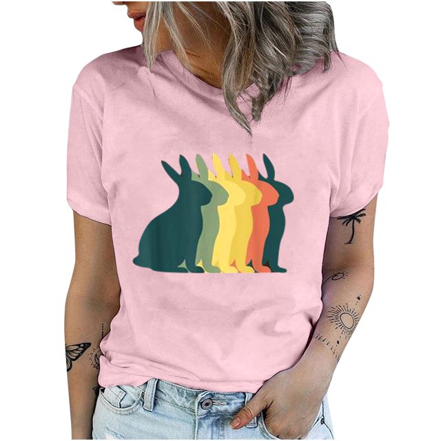 Camisetas de cuello redondo para mujer Camisetas con estampado de conejo de Pascua Camiseta de manga corta Blusa Tops Fridja bn1941