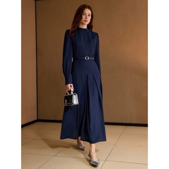 Elegant Blue High-Neck Pleated Midi Dress With Belted Waist
