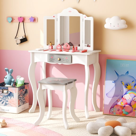 Gymax Kids Vanity Set Makeup Table & Chair Tri-folding Mirror Sweet Accessories White