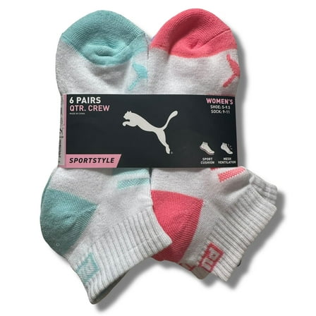 PUMA SOCKS WOMEN'S - QUARTER CUT - GLEE 243 - AQUA PINK - SHOE SZ 5-9.5 - PACK 6