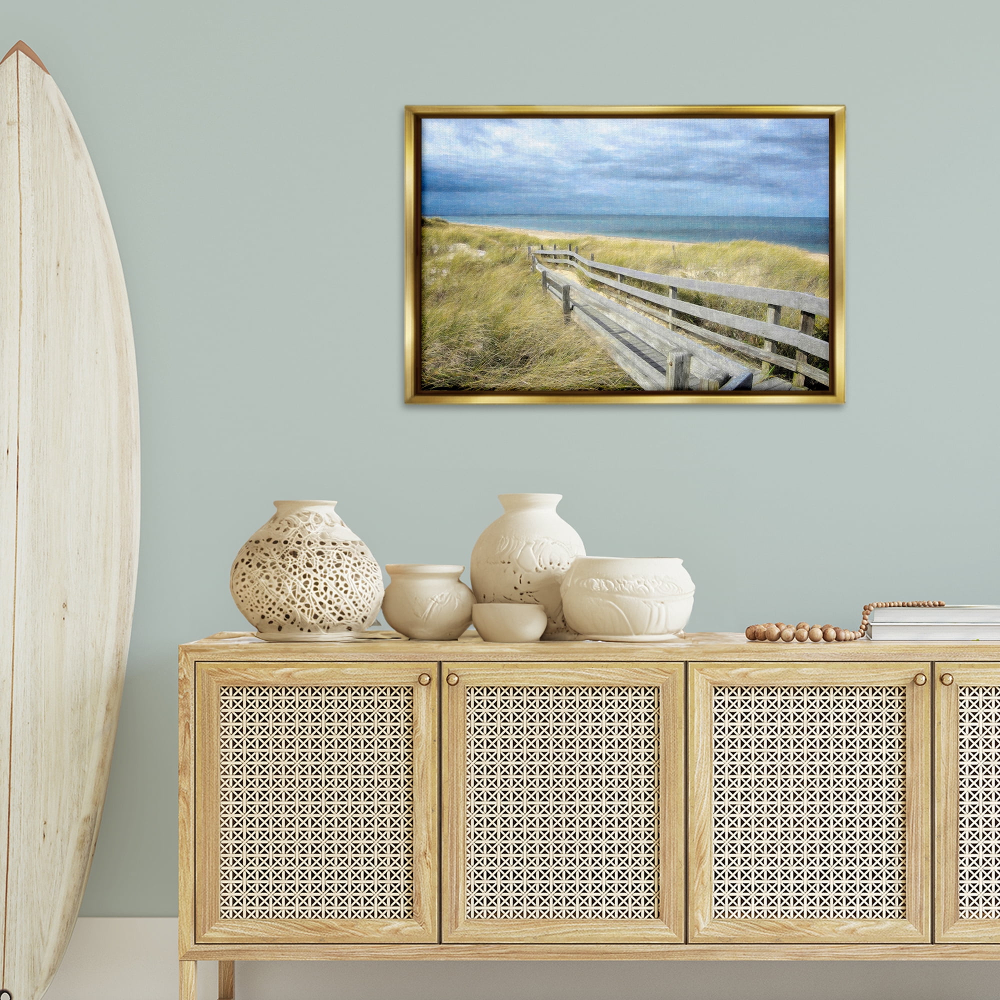 Stupell Industries Sandy Boardwalk View Landscape & Nature Painting Gold Floater Framed Canvas Art Print Wall Art, 31 x 21