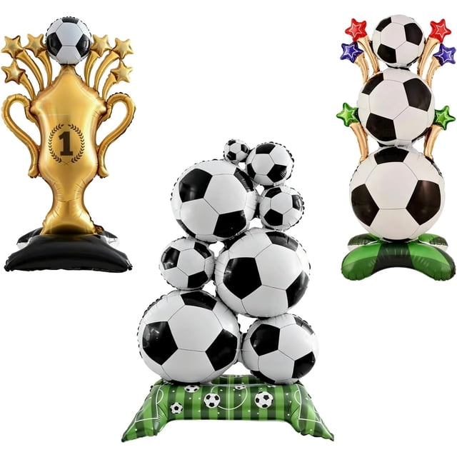 3 Pcs Soccer Balloons, Giant Self Standing Soccer and Gold Champion Trophy Balloons and Three Football Balloons of Different Sizes for Sports World Cup Football World Cup Birthday Party Decorations
