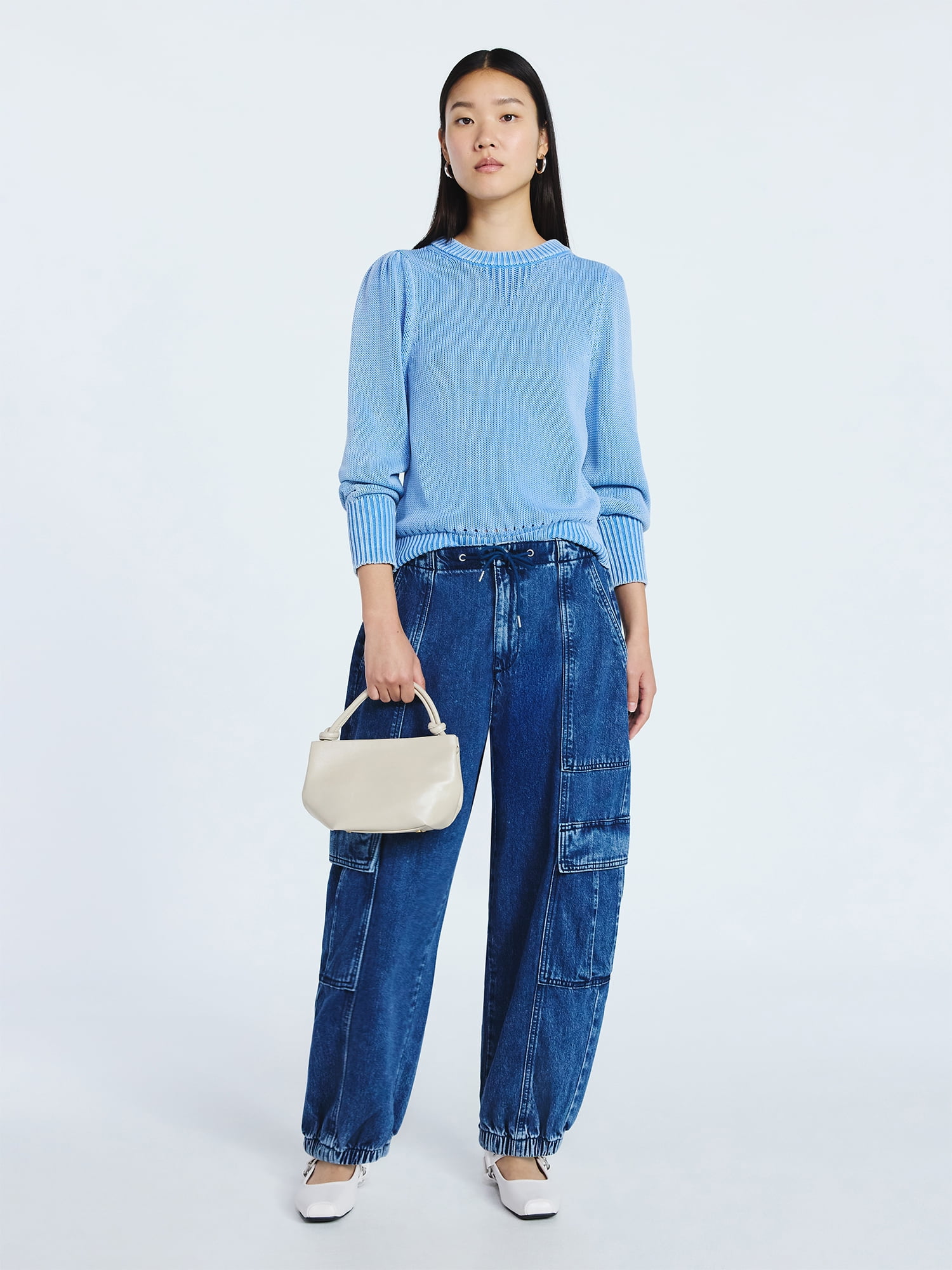 Scoop Women’s Acid Wash Cotton Sweater with Long Puff Sleeves, Midweight, Sizes XS-XXL