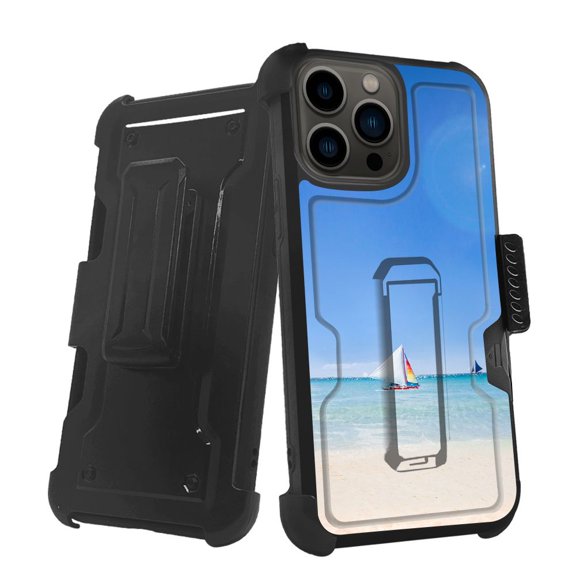 ANJ  Rugged Shockproof Holster Case w/Card Slot, Kickstand   Tempered Glass for iPhone 13 Pro (6.1") - Ocean Sailing