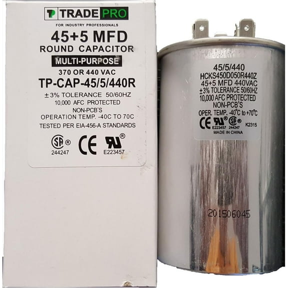 TRADEPRO  TP-CAP-45/5/440R - Run Capacitor, 45/5/440 VAC, Round, Dual Rated