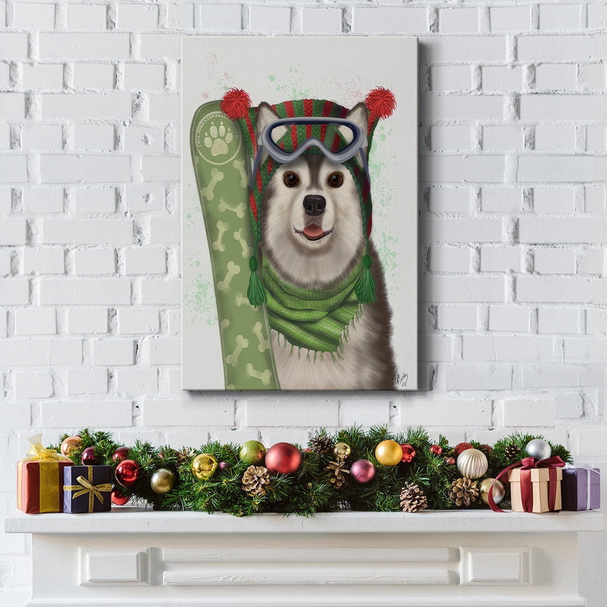 Christmas Husky Snowboard- Gallery Wrapped Canvas