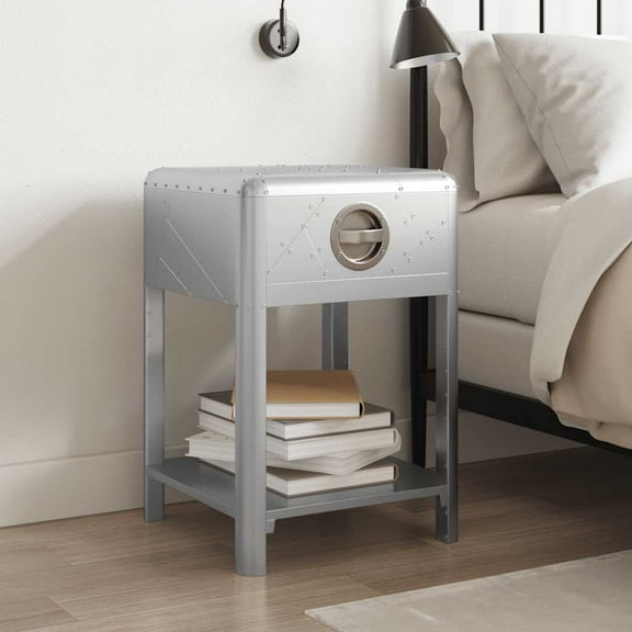 vidaXL Aviator Side Table, with Drawer and Shelf, Aluminium and Solid Wood, 15.7"x15.7"x23.6"