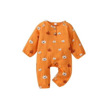 

wsevypo Halloween Baby Clothes Infant Girl Boy Pumpkin Jumpsuit Cotton Linen Long Sleeve Romper Playsuit Fall Outfits