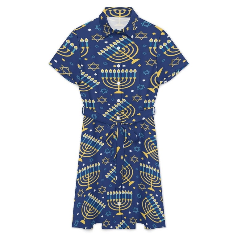 Hanukkah Menorah Seamless Pattern Womens Shirt Dresses Women'S Short Sleeve  Dress Turn-Down Collar Dress A Line Casuall Dress Oversize(XS-6XL)