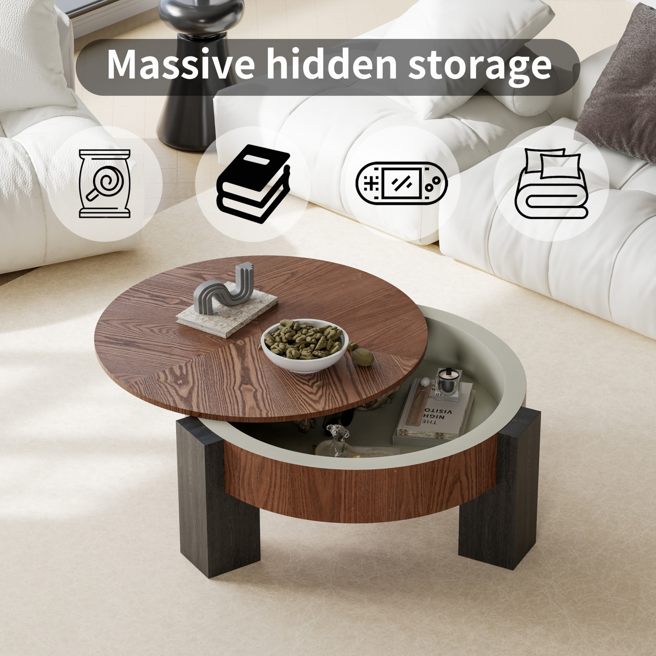 Noble House Lira 33" Round Coffee Table with Hidden Storage, Sturdy Accent Table for Living Room, Small Space, Walnut