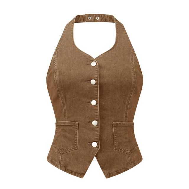 Chaleco de mezclilla sin mangas para mujer INSPIRE CHIC, con botones y espalda descubierta, talla XL, color marrón
