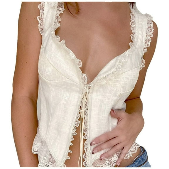 KHONTS Women's Elegant Lace V Neck Camisole Sleeveless Spaghetti Strap Slim Crop Tops Retro Backless Tanks Top Summer Clothes White S