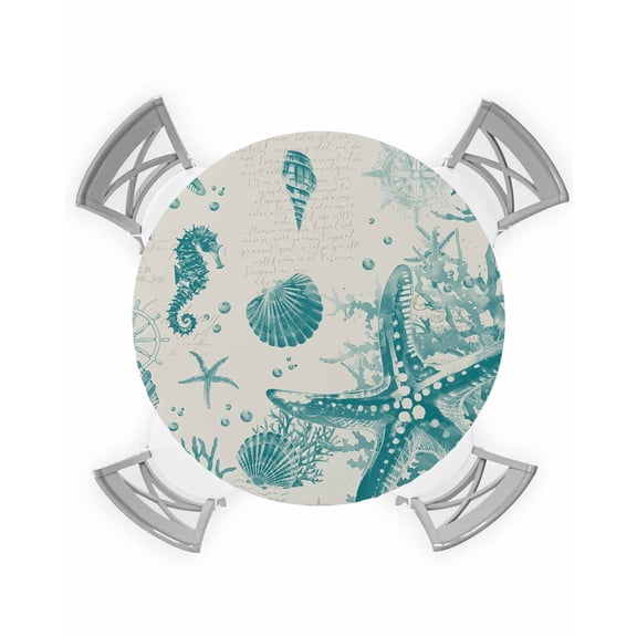 nqOlkjepod Turquoise Starfish Round Tablecloth, Fitted Table Cover with Elastic for 55"-60" Round Tables, Ocean Nautical Seahorse Coral Shell Table Cloth Outdoor Dinning Party Waterproof Tablecloths