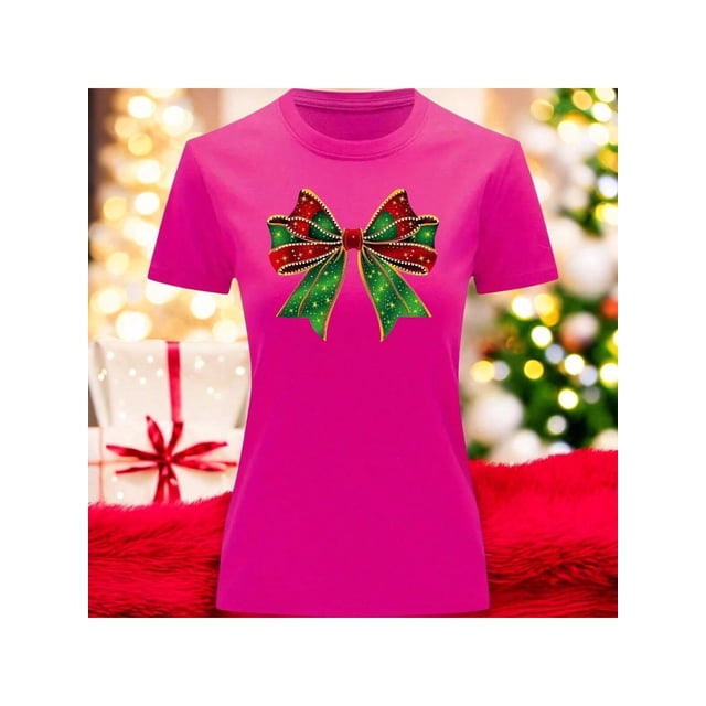Playera Blusa Con Estampado De Moño Navideño Ropa Para Mujer Color Fucsia Talla Chica Marca Emil SaEs