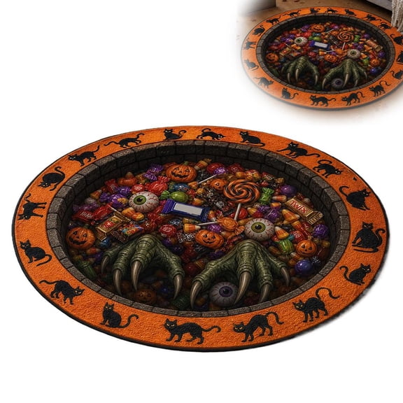 3D Halloween Rug, Candy Corn Abyss Quilted Round Mat, Halloween Optical Illusion Rug, Low Pile Anti Slip Rubber Back Round Rugs, for Entryway Bedroom Living Room