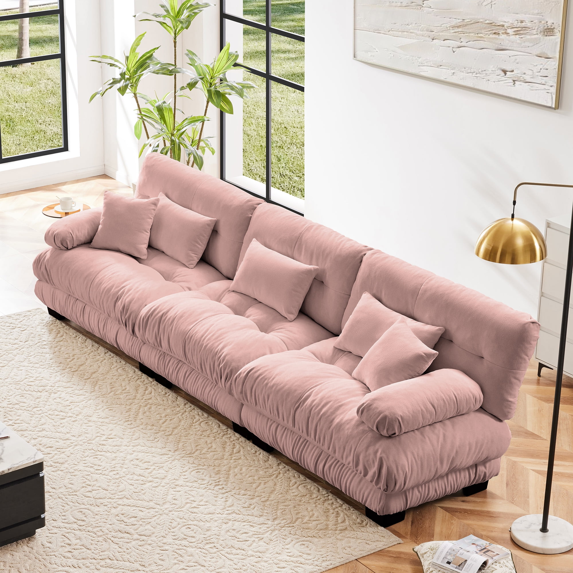 Gewnee Deep Seat 3-Seater Pink Chenille Sectional Sofa Modular Sofa Couch , Soft Comfy Upholstered Furniture for Living Room