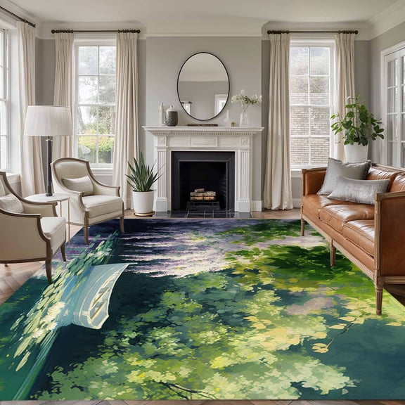 Area Rug for Living Room, Forest Green Non-Slip Indoor Large Carpet for Bedroom/Dining Room, Pink Flowers Lake Boat Oil Painting Summer Washable Low-Profile Rectangle Floor Runner Rugs - 5 x 8 Ft