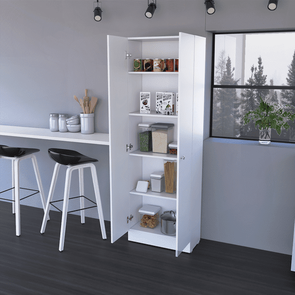 70.8”H Double-Door Storage Cabinet – Manufactured Wood White Finish with 5 Shelves