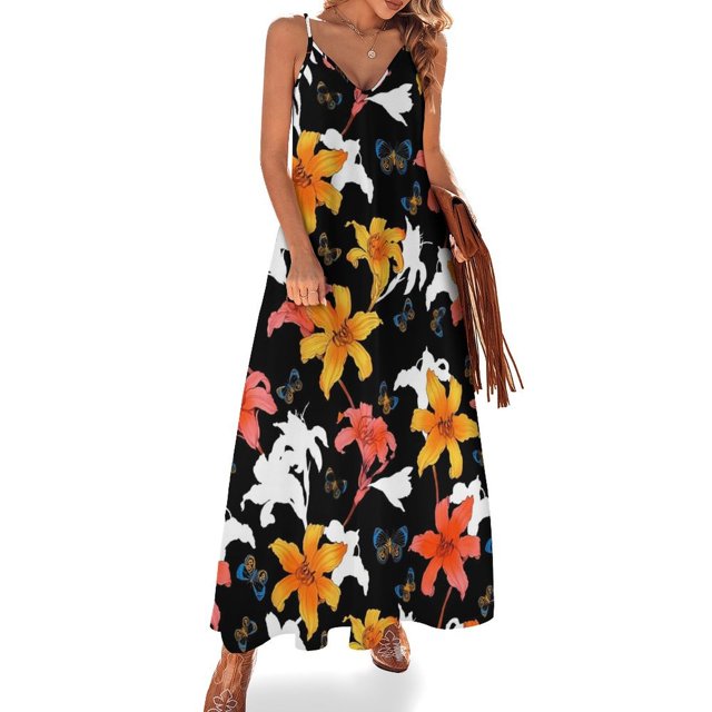 Vestido largo con estampado de lirios y flores, con tirantes y diseño geométrico, para uso urbano, informal, largo, de verano, con escote en V y tallas grandes