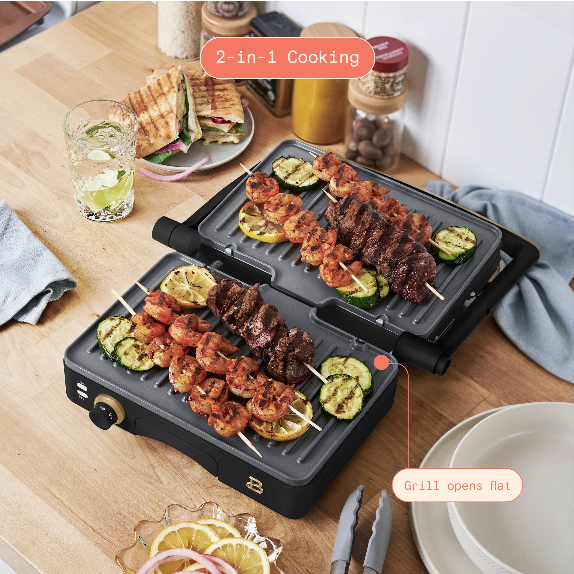 Beautiful 2-in-1 Panini Press & Grill with Detachable Plates, Black Sesame by Drew Barrymore