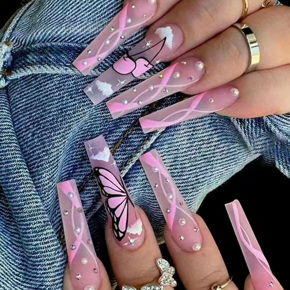 Zshan False Nail Stickers Long,24 Pieces Pink False Nail French Manicure Stick on Nails Shiny Ballerina Press on Nails, Press On Nails Marble Design for Women and Girls