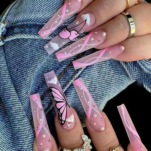 Pegatinas de uñas postizas largas, 24 piezas de uñas postizas rosas, manicura francesa, uñas postizas, bailarina brillante, uñas a presión, diseño de mármol para mujeres y niñas