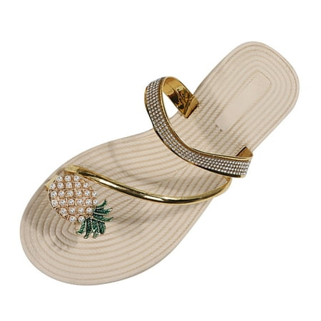 

Cathalem Women Slippers Pineapple Clip Toe Slippers Flat Toe Loop Pearl Elastic Strap Slippers Sandals Yellow 38