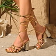 thumbnail image 3 of Rokment Womens Sparkly Metallic Block High Heels Mid Calf Strappy Dress Sandals for Bride Wedding Summer Fashion Casual Sexy Leather Open Square Toe Heeled Bridal Dressy Sandals Gold Size 6.5, 3 of 7