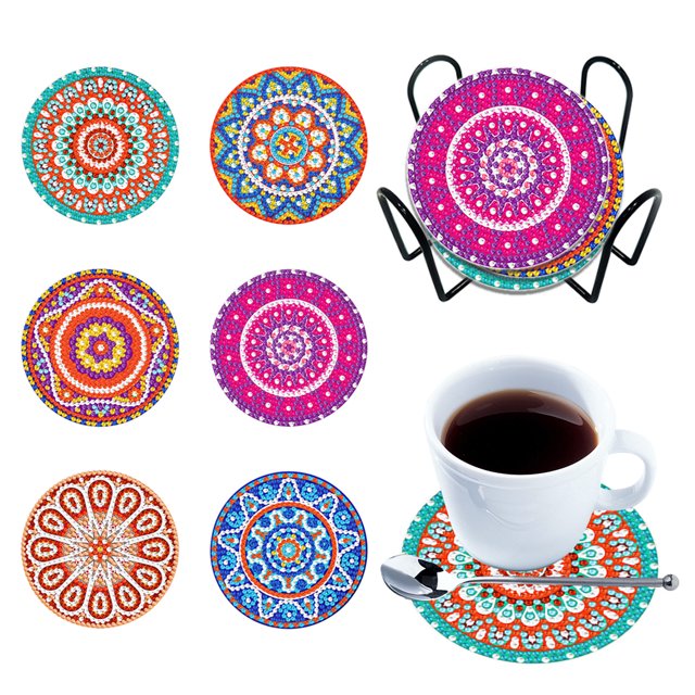 (BD211) Juego Posavasos Diamantes Acrílicos DIY Mandala (juego 6 Piezas + 1 Estante Almacenamiento)