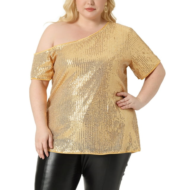 GRACE & GRANDEUR Women' s Plus Size Sequin Top Sparkly One Shoulder Short Sleeve Party Tops Gold 4X