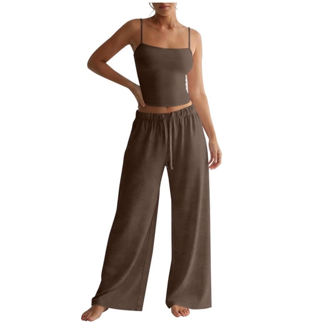 Pantalones Blancos Flare para Mujeres Estilo Color Sólido Suelto Apretado Cintura Cuello Redondo Tirar Cuerda Eslinga Cami Superior Y Pantalones de Cilindro Recto Conjunto de Medias de Encaje Blanco