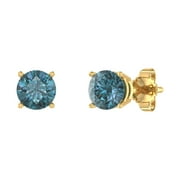 FINEROCK LLC 1 Carat 4-Prong Set Blue Diamond Stud Earrings in 14K Yellow Gold