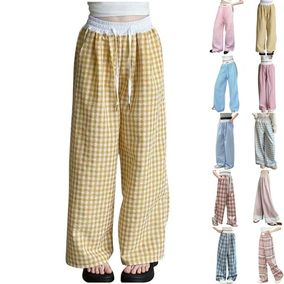 MKOSPLRT 4-13 Years Lace Plaid Pants for Girl High Waist Baggy Wide Leg Pants Casual Color Block Straight Leg Pants