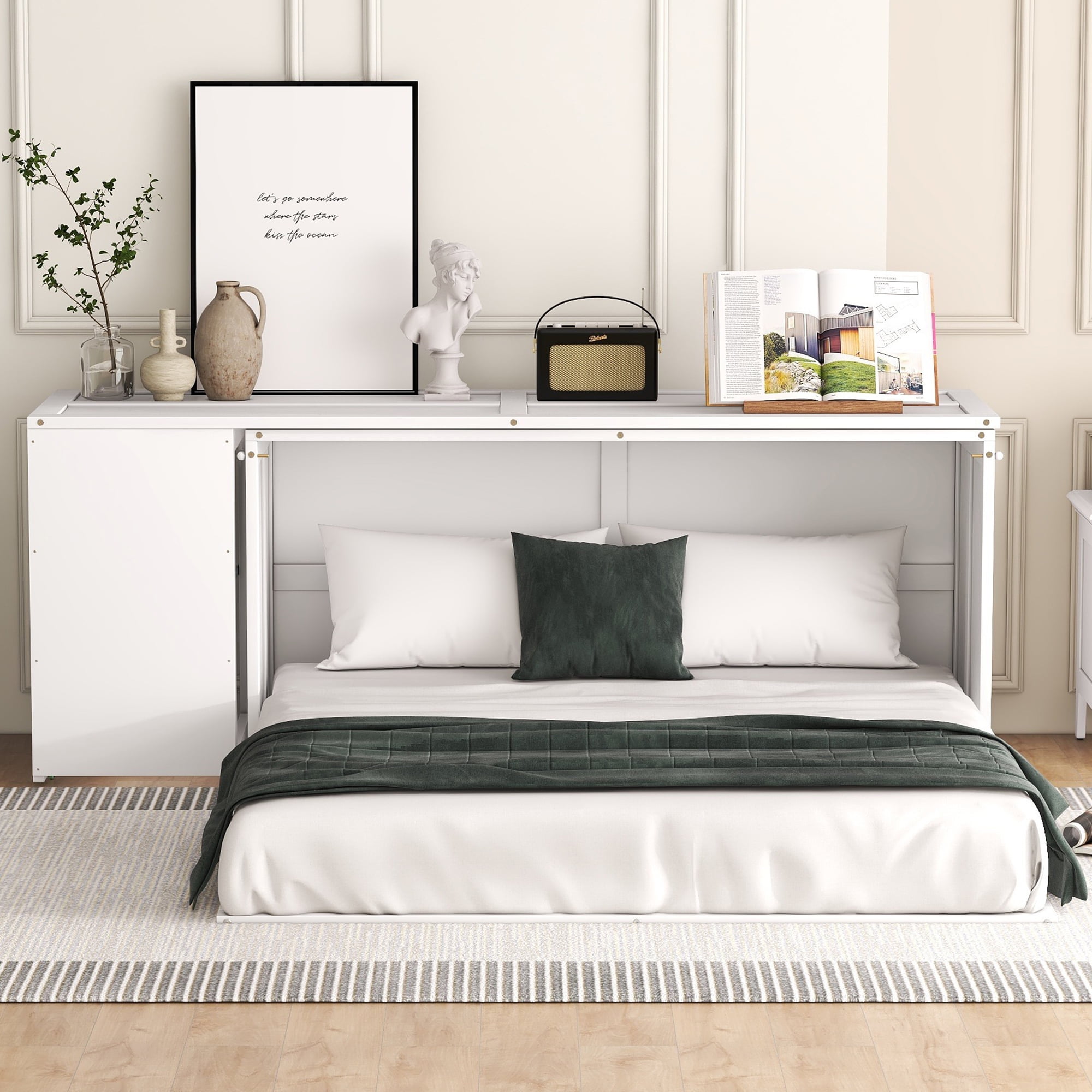 Bellemave Murphy Bed Queen Size, Murphy Cabinet Bed with Rotable Desk and Shelves, Easy Fold Wood Murphy Floor Bed for Guest Room Home Office（White)