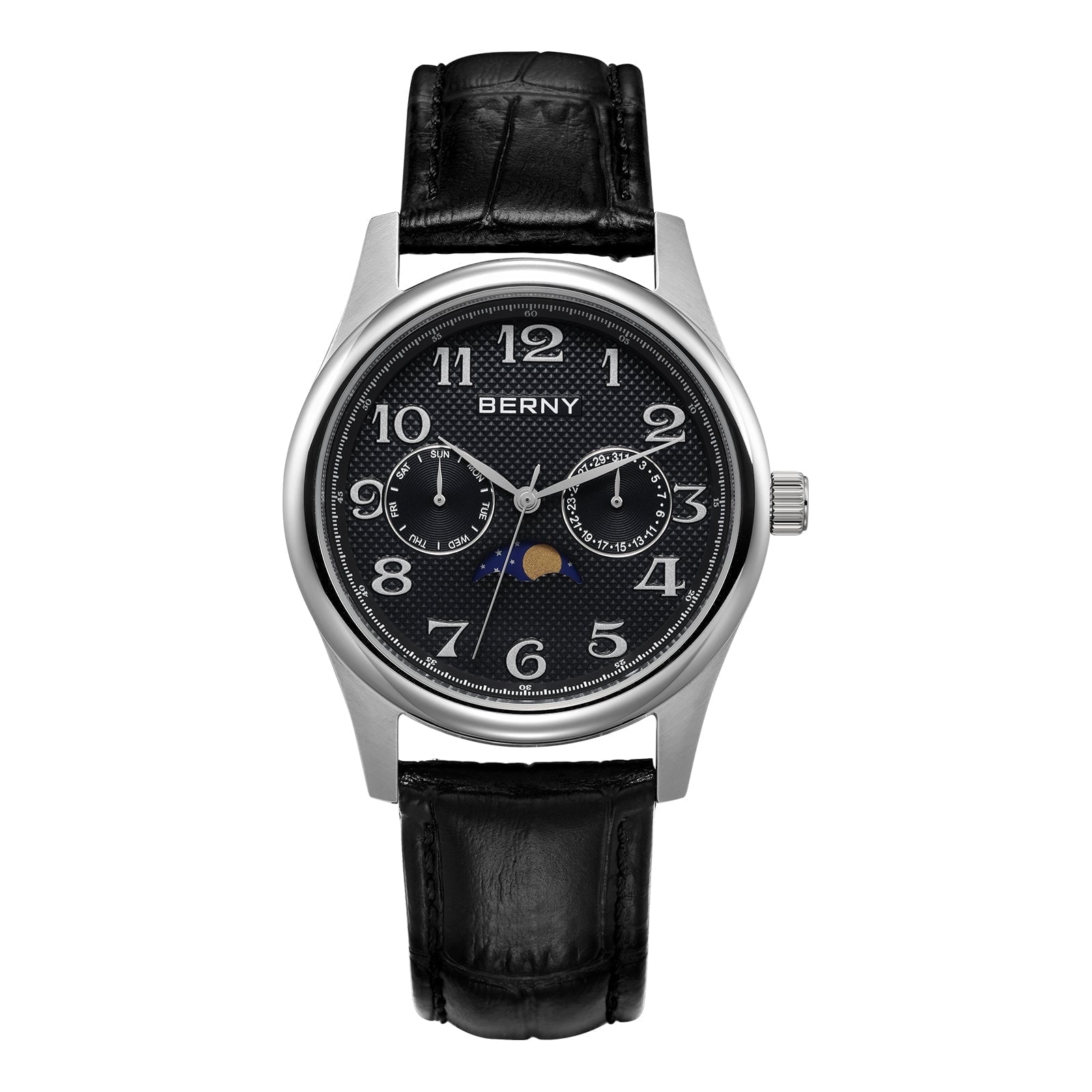 BERNY Dress Watches for Men, MultiFunction Leather Watch with Moon Phase, Day & Date Calendar, Stainless Steel Case, Easy to Read, Waterproof, Classic Analog Quartz Wrist Watch (Black)